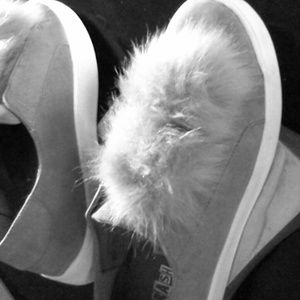 Thick sole, suede loafers with PUFFS!